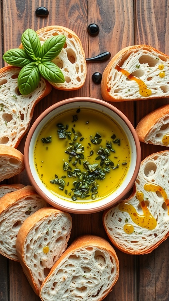 Simple Bread Dipping Oil Recipe Bowl of bread dipping oil with herbs and spices, served with slices of crusty bread on a wooden table.